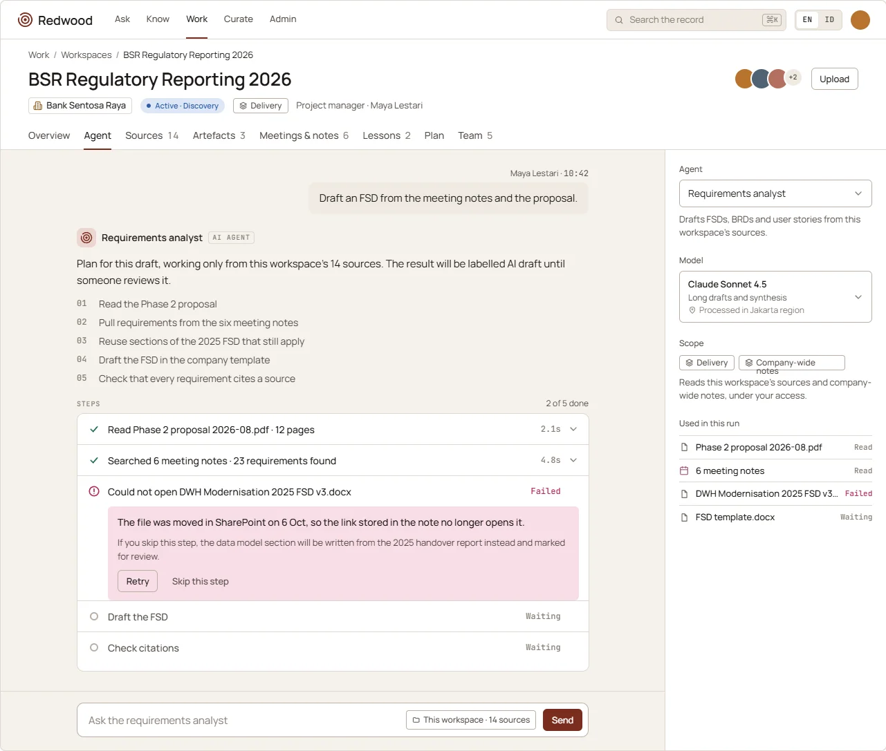 Agent tab with a plan, tool steps and a failed step offering Retry or Skip