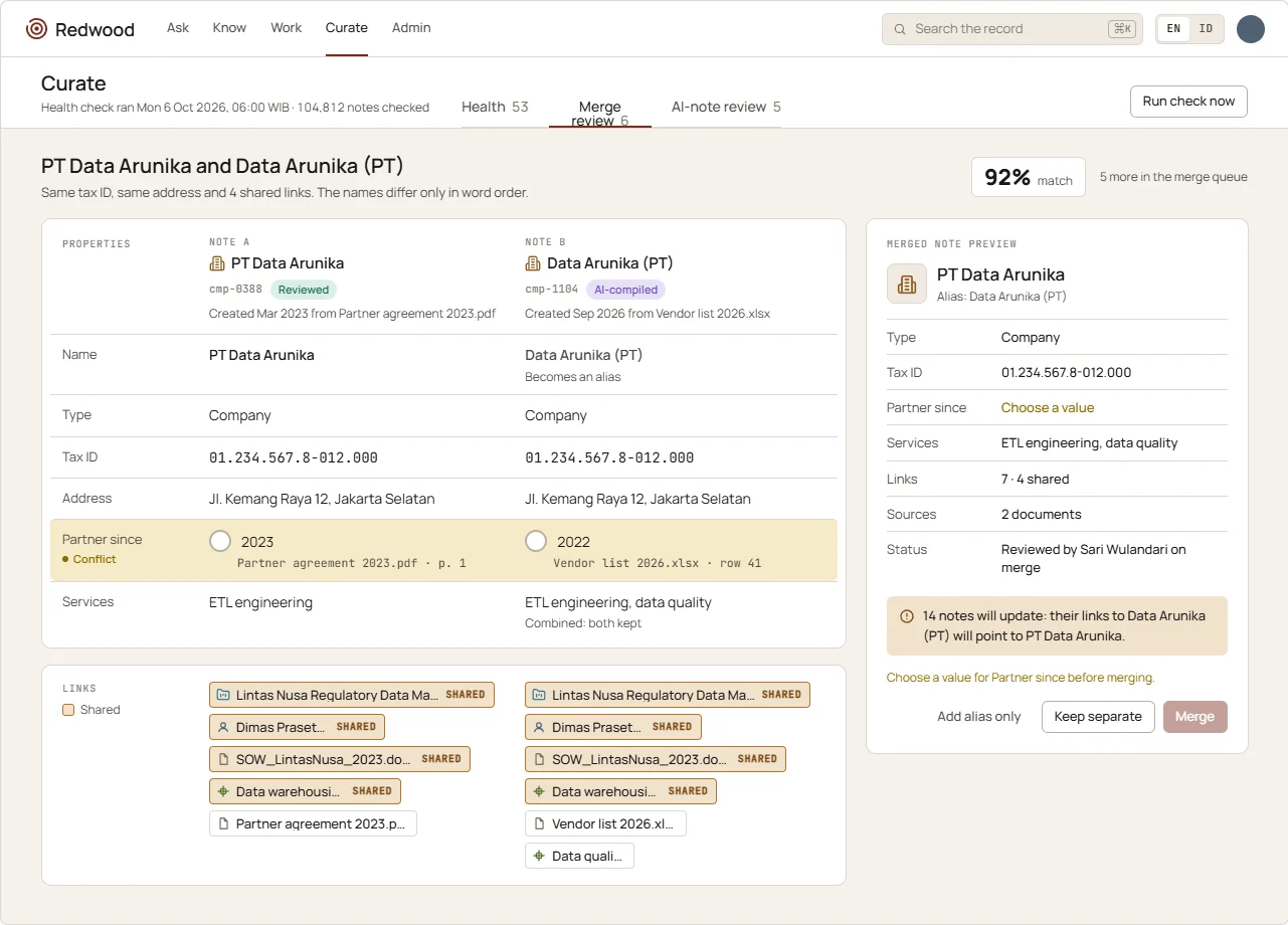 Merge review comparing two company notes