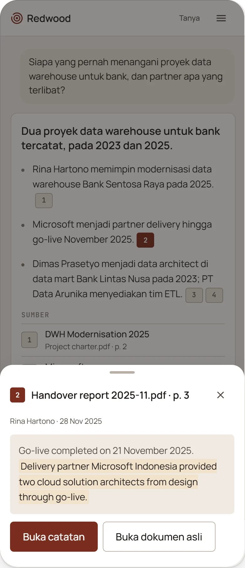 Phone layout of a cited answer in Indonesian, with the source open in a bottom sheet
